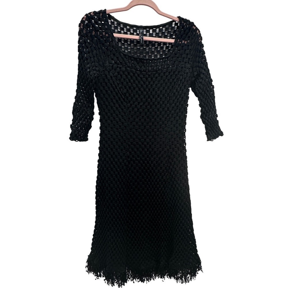 Elana Kattan Black Mesh Witchy Boho Crochet Dress 3/4 Sleeve Fringe Hem Size M